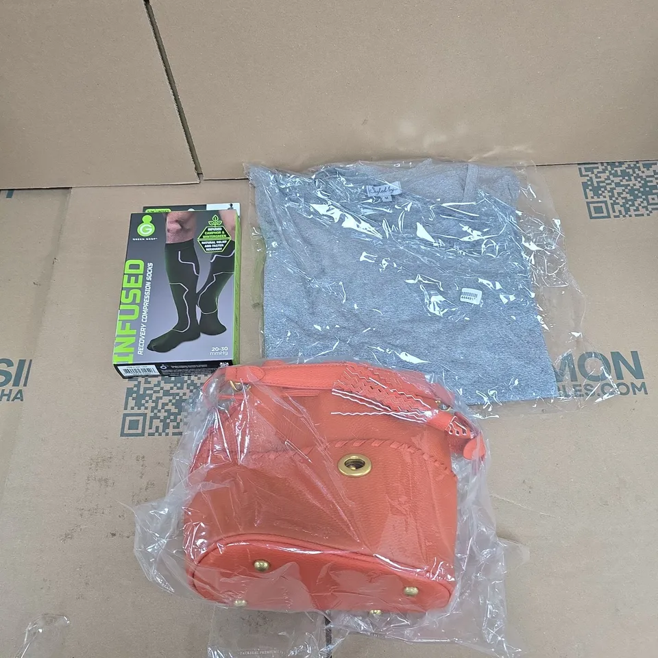 LARGE QUANTITY OF ASSORTED ITEMS TO INCLUDE COMPRESSION SOCKS, ASSORTED CLOTHES, LEATHER HANDBAG, ETC - COLLECTION ONLY