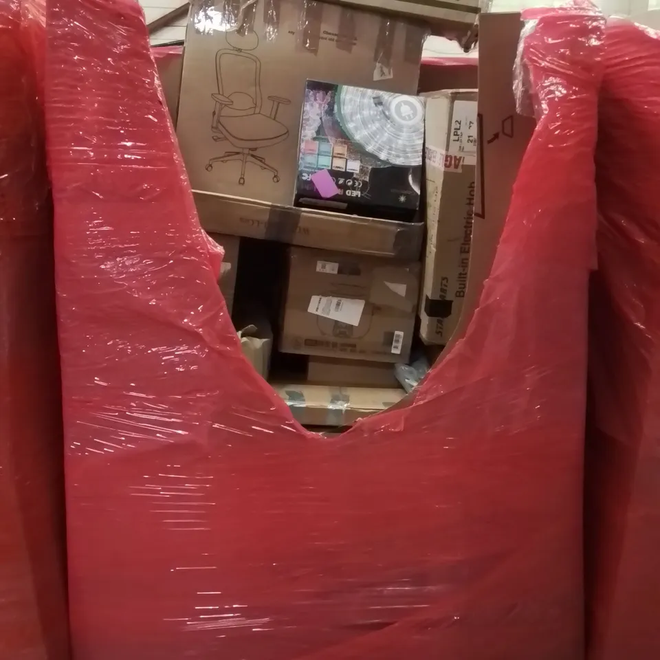 PALLET CONTAINING VARIOUS ASSORTED BOXED HOUSEHOLD ITEMS TO INCLUDE: 8 DRAWER STORAGE DRESSER, OFFICE CHAIR, PUSH CHAIR, LED ROPE LIGHTS, ELECTRIC HOB AND LOTS MORE UNMARKED BOXED ITEMS