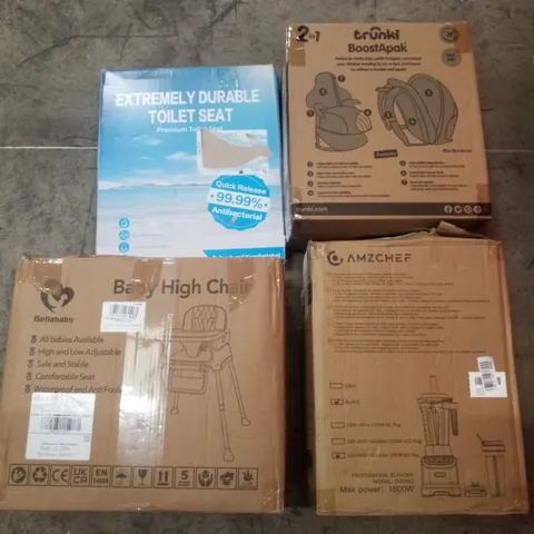 PALLET CONTAINING ASSORTED PRODUCTS INCLUDING BABY HIGH CHAIR, PROFESSIONAL BLENDER, TOILET SEAT & TRUNKI BACKPACK/CAR SEAT