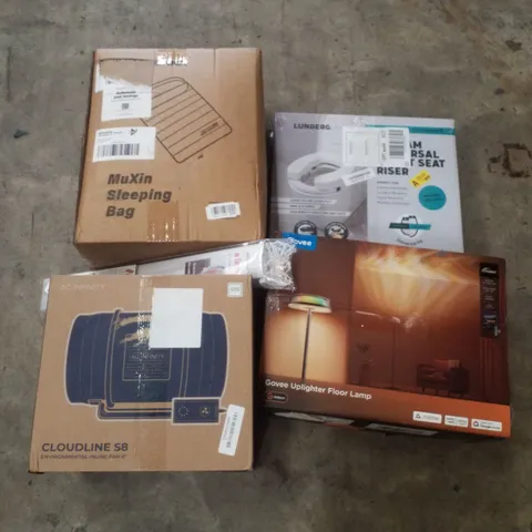 PALLET CONTAINING ASSORTED PRODUCTS INCLUDING SLEEPING BAG, ENVIRONMENTAL INLINE FAN, GOVEE UPLIGHTER FLOOR LAMP, ROLLER BLIND & UNIVERSAL TOILET SEAT RISER