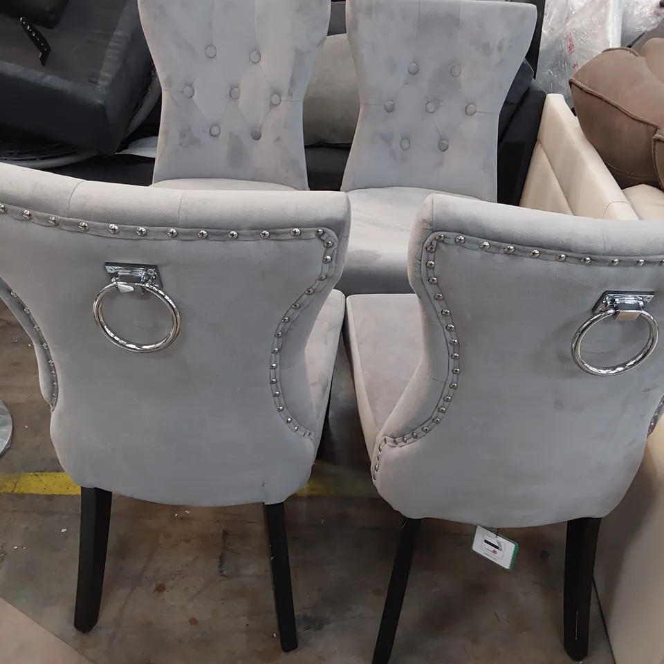 FOUR UPHOLSTERED BUTTONED RING BACK DINING CHAIRS PLUSH GREY FABRIC