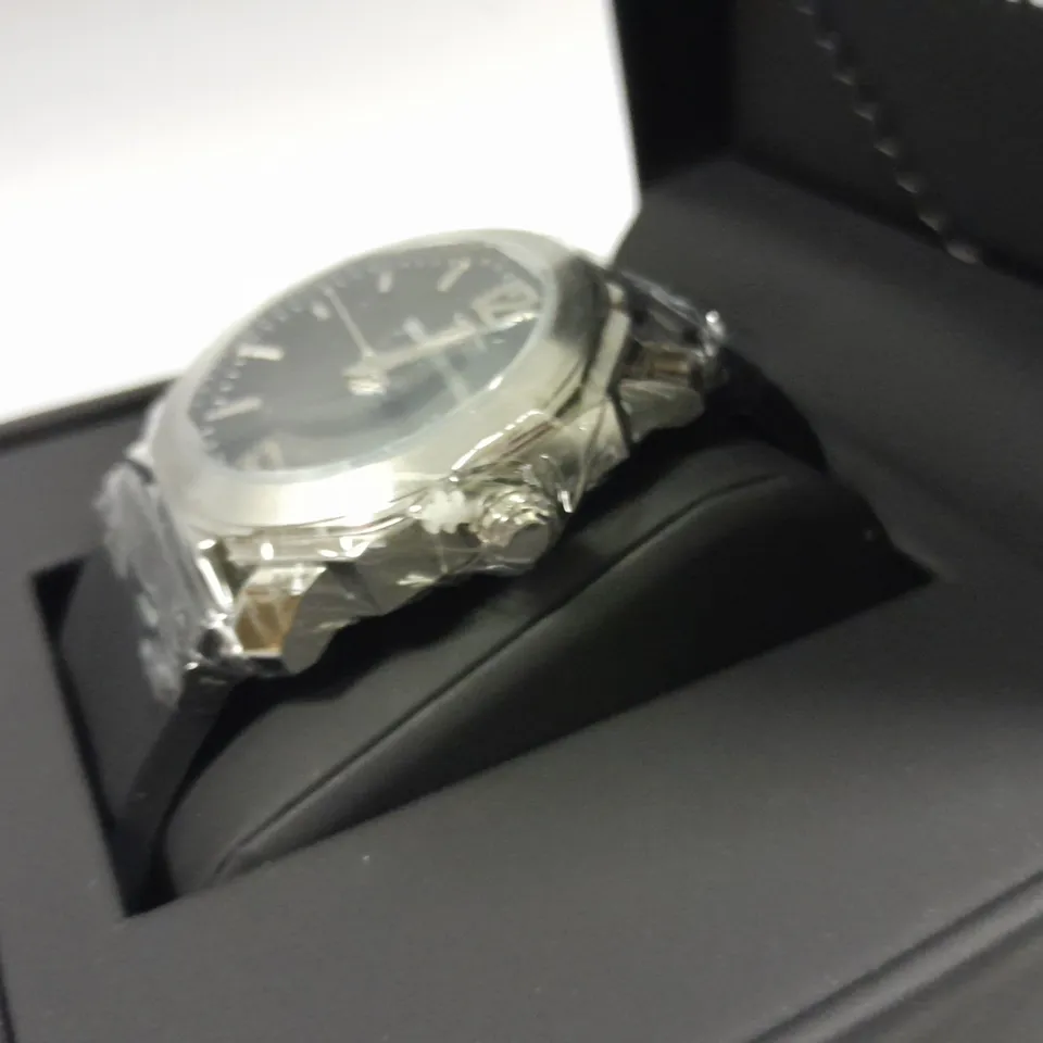 MENS RUCKSTUHL BLACK DIAL WATER RESISTANT WATCH WITH STAINLESS STEEL CASE AND RUBBER STRAP IN GIFT BOX