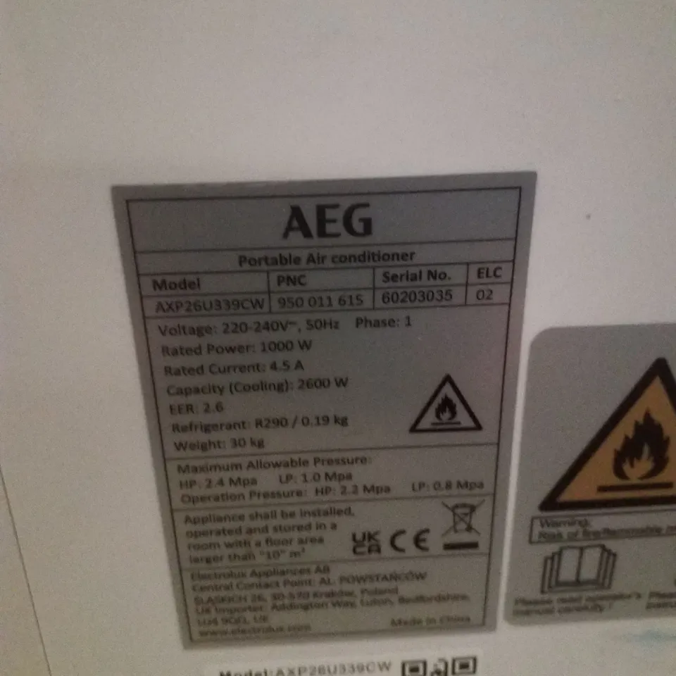 AEG AXP26U339CW PORTABLE AIR CONDITIONER 64 DB WHITE