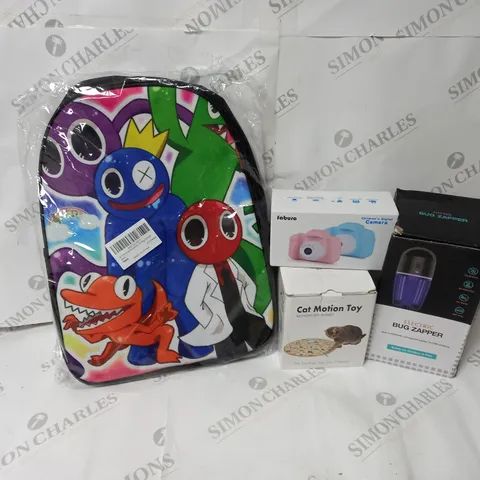 APPROXIMATELY 20 ASSORTED ITEMS TO INCLUDE KIDS SCHOOL BAG, CAT MOTION TOY, ELE3CTRIC BUG ZAPPER, CHILDREN'S DIGITAL CAMERA ETC.