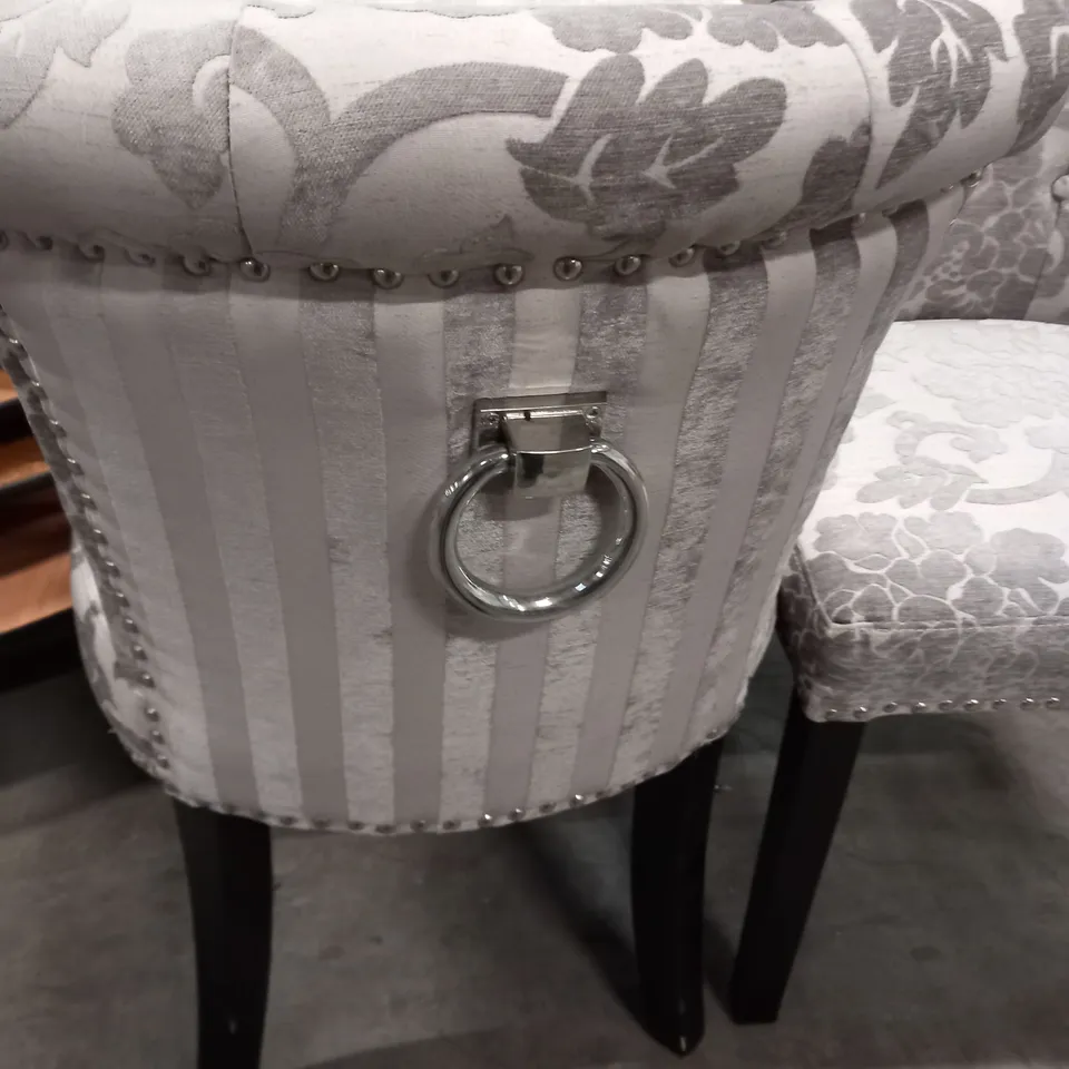 PAIR OF GREY FLORAL DESIGN UPHOLSTERED DINING CHAIRS WITH STUDDED DETAIL