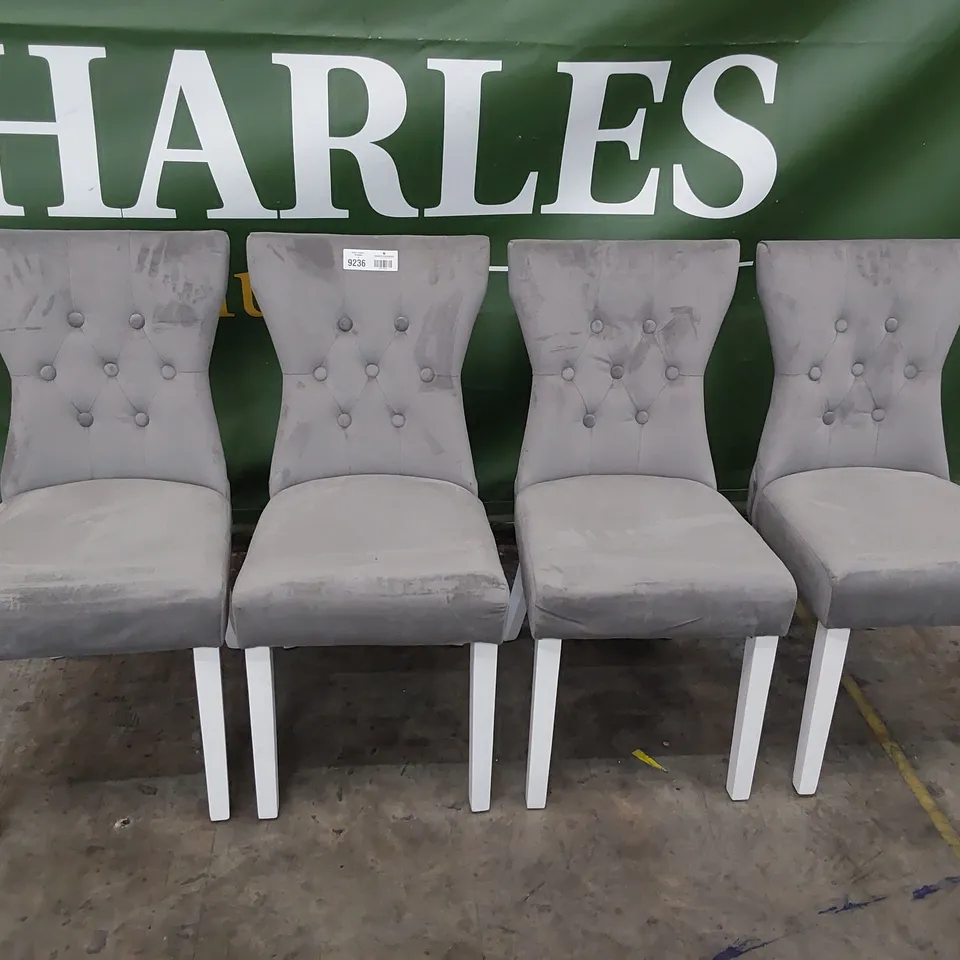 SET OF FOUR UPHOLSTERED DINING CHAIRS BUTTONED BACKS ON WHITE LEGS