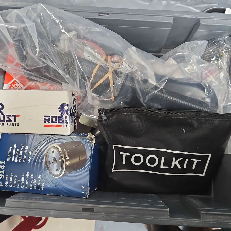 box of assorted car parts and accessories to include  - micro v belt - tools - filters 
