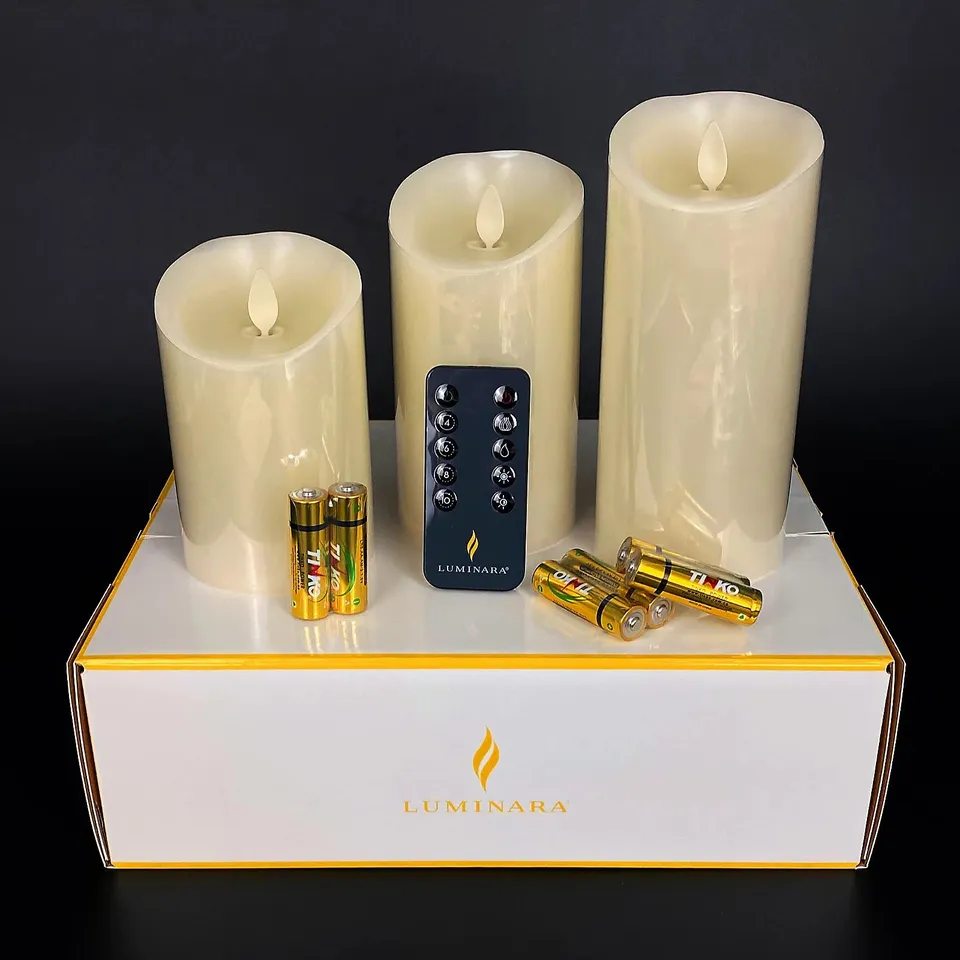 LUMINARA SET OF 3 ASSORTED OUTDOOR PILLAR CANDLES WITH REMOTE CONTROL