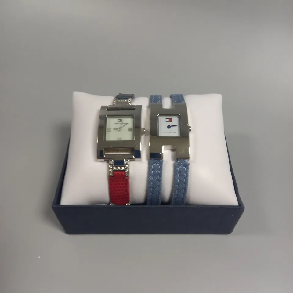 BOXED TOMMY HILFIGER SQUARE DIAL WATCH PAIR 