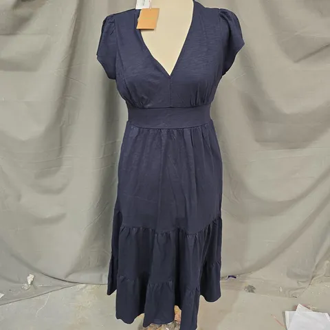 NAVY BLUE WOMEN'S DRESS WITH V-NECK, PUFF SLEEVES, SMOCKED WAIST AND TIERED MAXI SKIRT BODEN