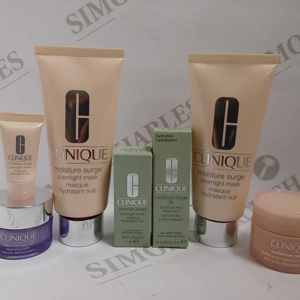 APPROX 6 CLINIQUE ITEMS TO INCLUDE MOISTURE MASK OVERNIGHT CREAM, MOISTURE LIP SURGE AND CLEANSING BALM