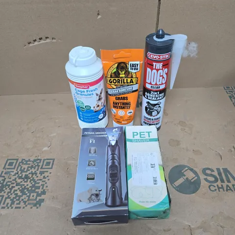 TOTE OF APPROXIMATELY 20 ASSORTED HOUSEHOLD ITEMS TO INCLUDE PET NAIL GRINDER, PET SHAVER, GORILLA ADHESIVE, THE DOGS ADHESIVE AND SEALANT, CAGE FRESH GRANULES ETC
