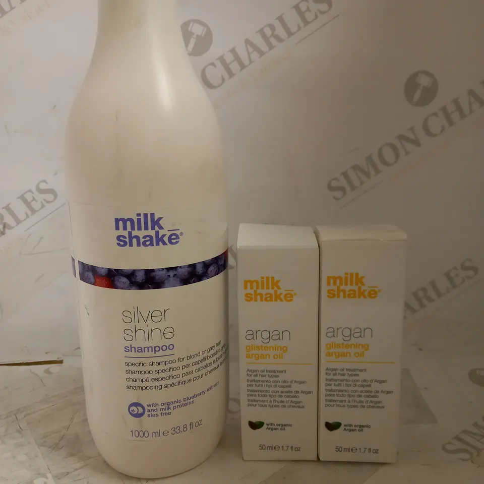 LOT OF 3 MILKSHAKE PRODUCTS TO INCLUDE 2 X 50ML ARGAN GLISTENING OIL, SILVER SHAMPOO 1000ML