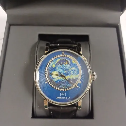 ZIHLMANN & CO AUTOMATIC MOONPHASE DIAL BLACK LEATHER STRAP WRISTWATCH