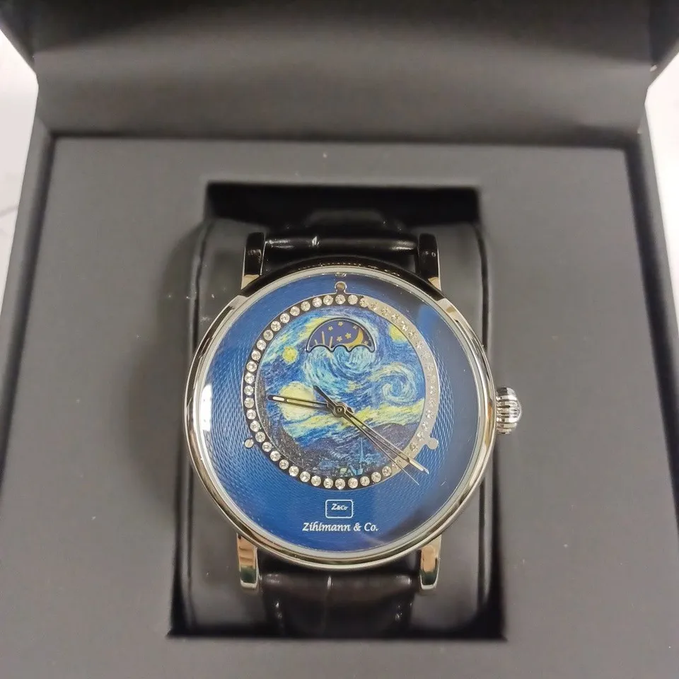 ZIHLMANN & CO AUTOMATIC MOONPHASE DIAL BLACK LEATHER STRAP WRISTWATCH 