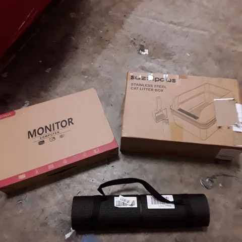 PALLET OF ASSORTED HOUSEHOLD GOODS AND PRODUCT TO INCLUDE; COMPUTER MONITOR LED, STAINLESS STEEL CAT LITTER BOX, EXERCISE MAT, BOXED FURNITURE ETC 