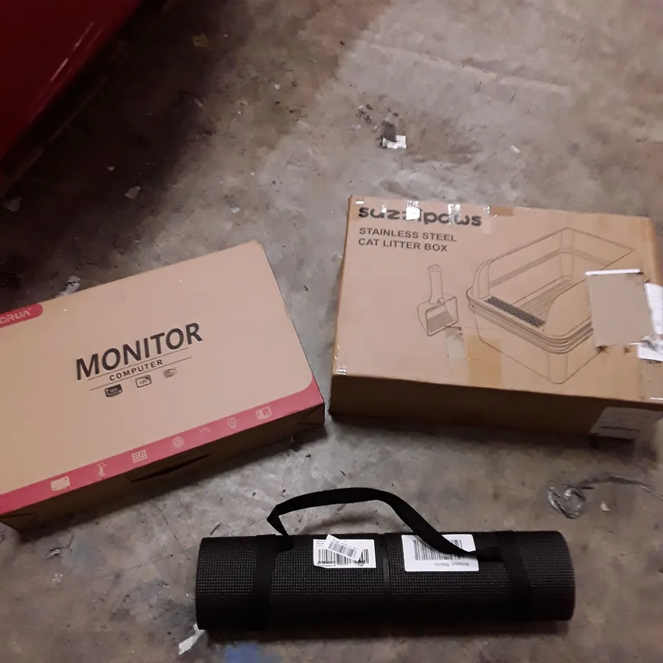 PALLET OF ASSORTED HOUSEHOLD GOODS AND PRODUCT TO INCLUDE; COMPUTER MONITOR LED, STAINLESS STEEL CAT LITTER BOX, EXERCISE MAT, BOXED FURNITURE ETC