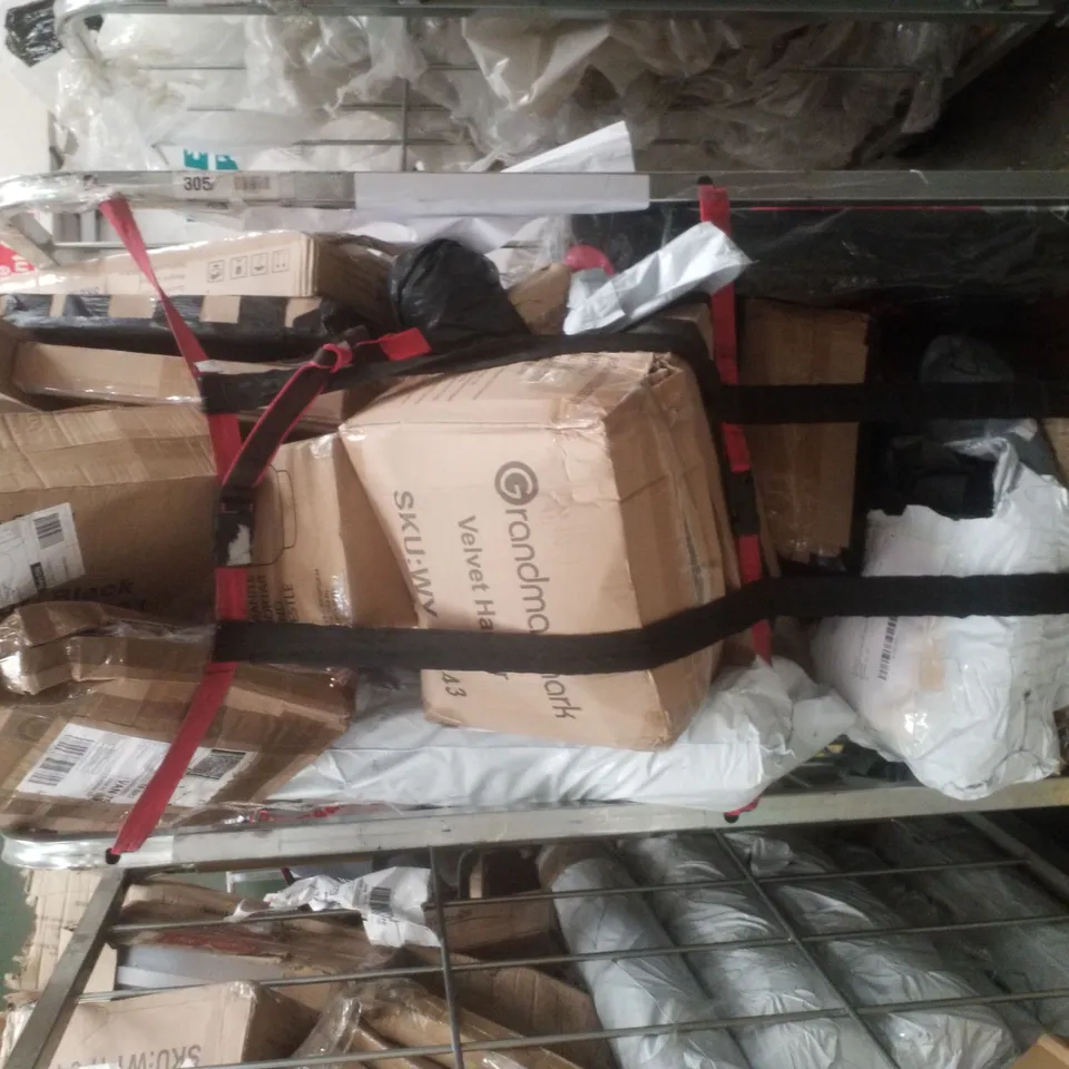 CAGE OF ASSORTED GOODS AND PRODUCTS TO INCLUDE; VELVET HANGARS, GRANITE PESTLE AND MORTAR AND WOODEN HANGARS