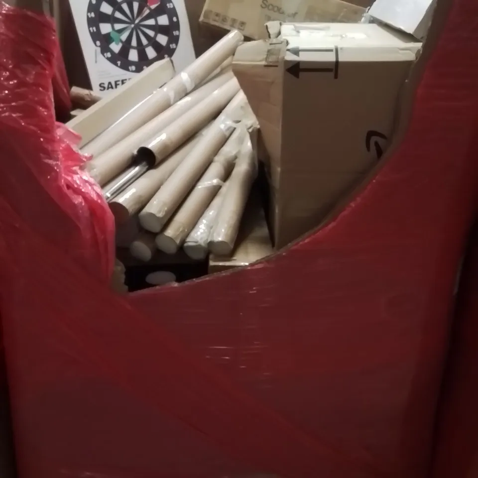 PALLET CONTAINING VARIOUS ASSORTED BOXED HOUSEHOLD ITEMS TO INCLUDE: CURTAIN POLES, DART BOARD, KIDS SCOOTER WINDOW FILM AND LOTS MORE UNMARKED BOXED ITEMS 