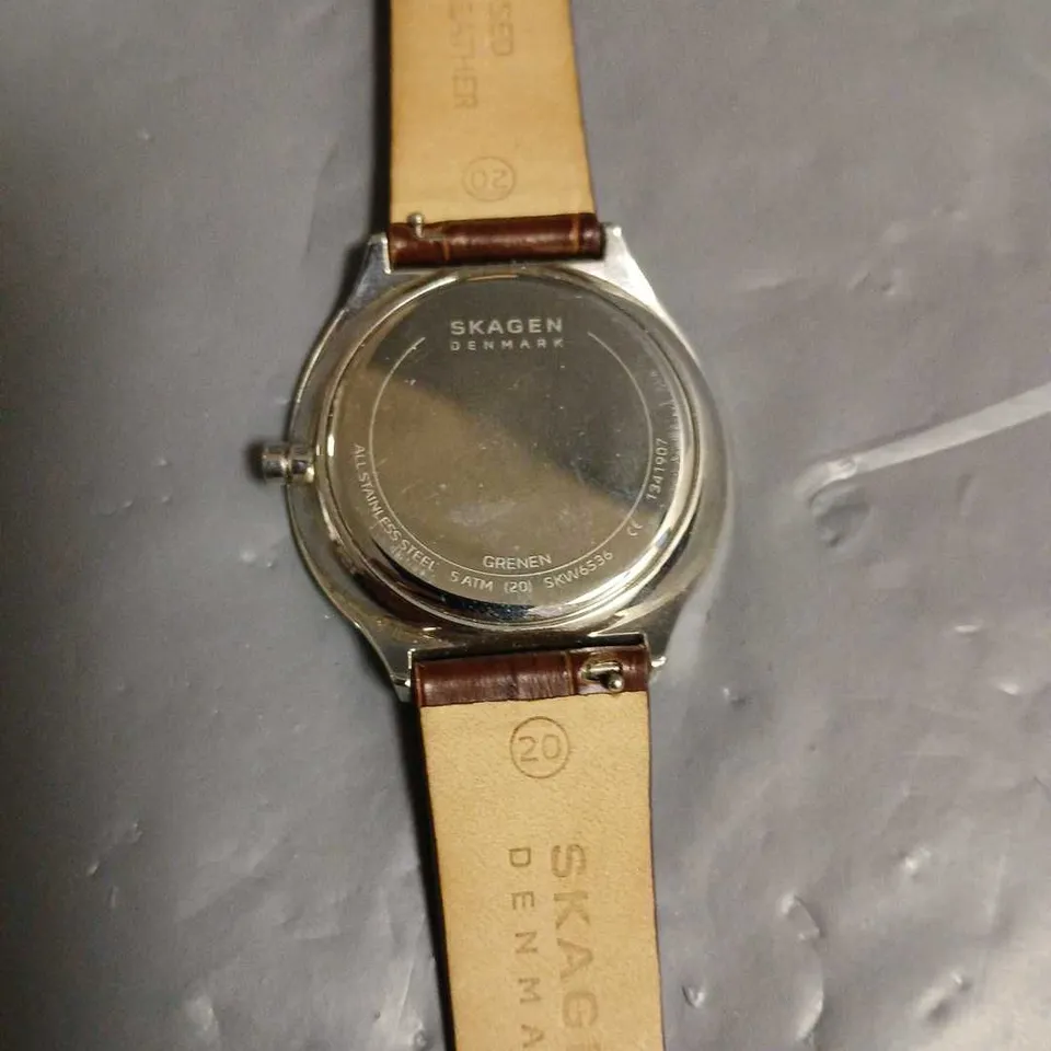 UNBOXED SKAGEN ALL STAINLESS STEEL WATCH WITH BROWN LEATHER STRAP