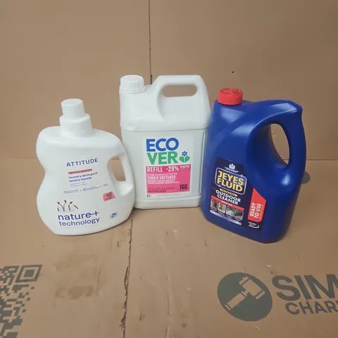 APPROXIMATELY 3 ASSORTED LARGE LIQUIDS TO INCLUDE ATTITUDE LAUNDRY DETERGENT, ECOVER REFILL FABRIC SOFTENER, JEYES FLUID OUTDOOR CLEANER