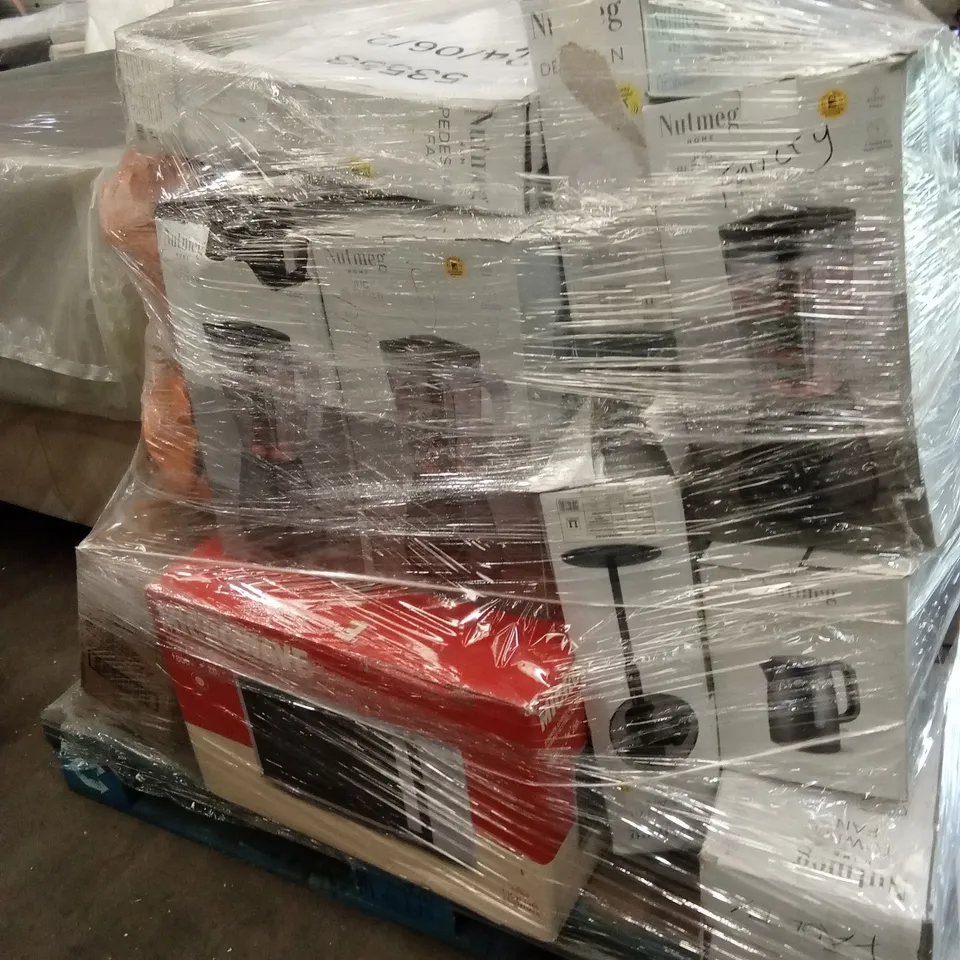 PALLET OF ASSORTED KITCHEN APPLIANCES TO INCLUDE; NUTMEG KETTLES, MICROWAVES, PEDESTAL FANS, RUSSELL HOBBS BLENDER, AIR FRYER ETC
