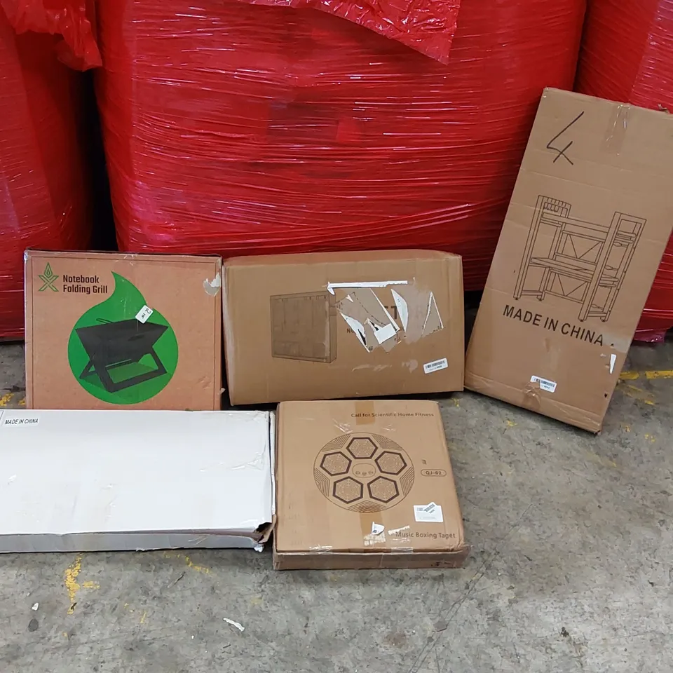 PALLET OF ASSORTED ITEMS INCLUDING: NOTEBOOK FOLDING GRILL, THERMOSTATIC MIXER SHOWER, FABRIC WARDROBE, SHELVES, MUSIC BOXING TARGET ECT