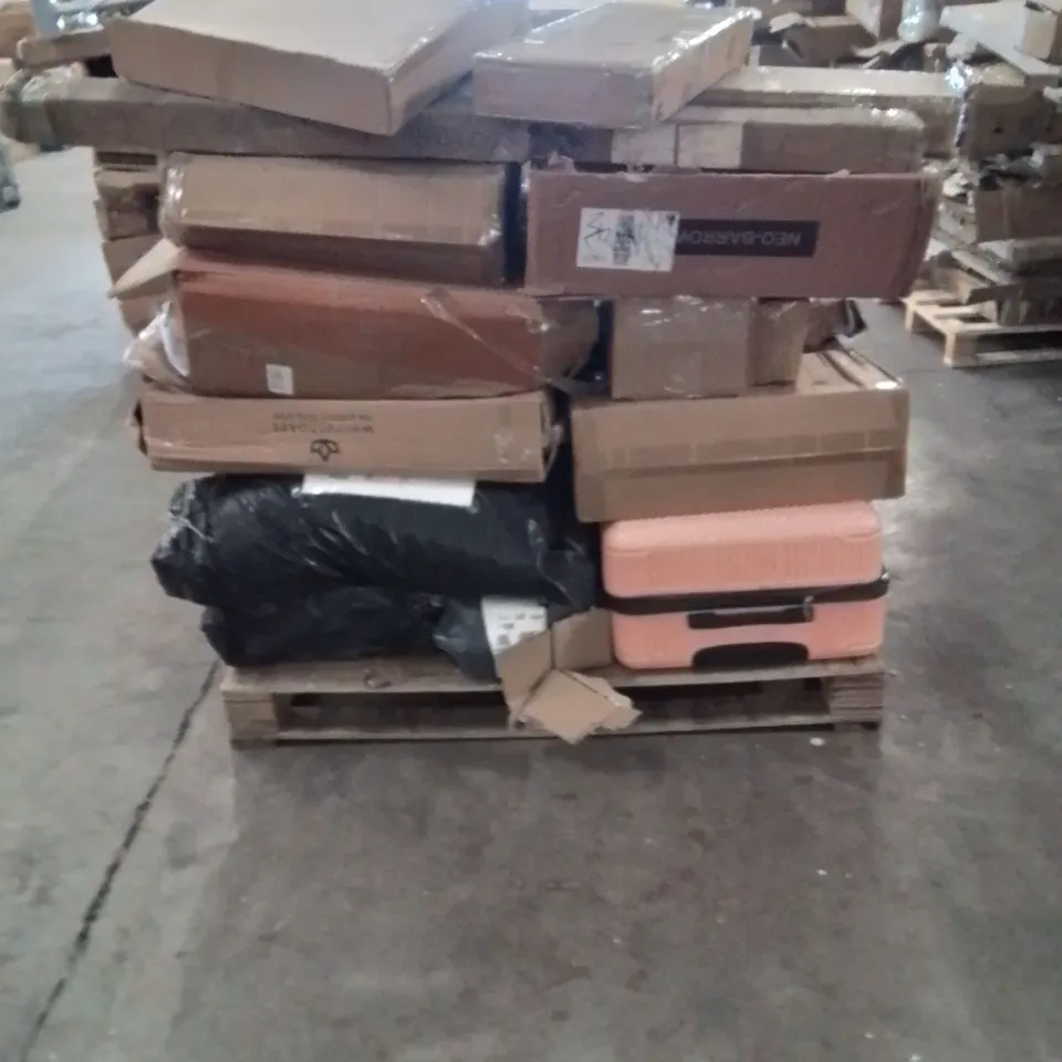 PALLET CONTAINING NEO PRODUCTS SUCH AS;SUITCASES,WHEEL BARROW,SHELVING UNIT