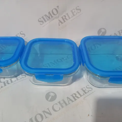 BOXED SET OF 3 LOCK N LOCK GLASS FOOD STORAGE CONTAINERS W. PLASTIC LIDS IN BLUE