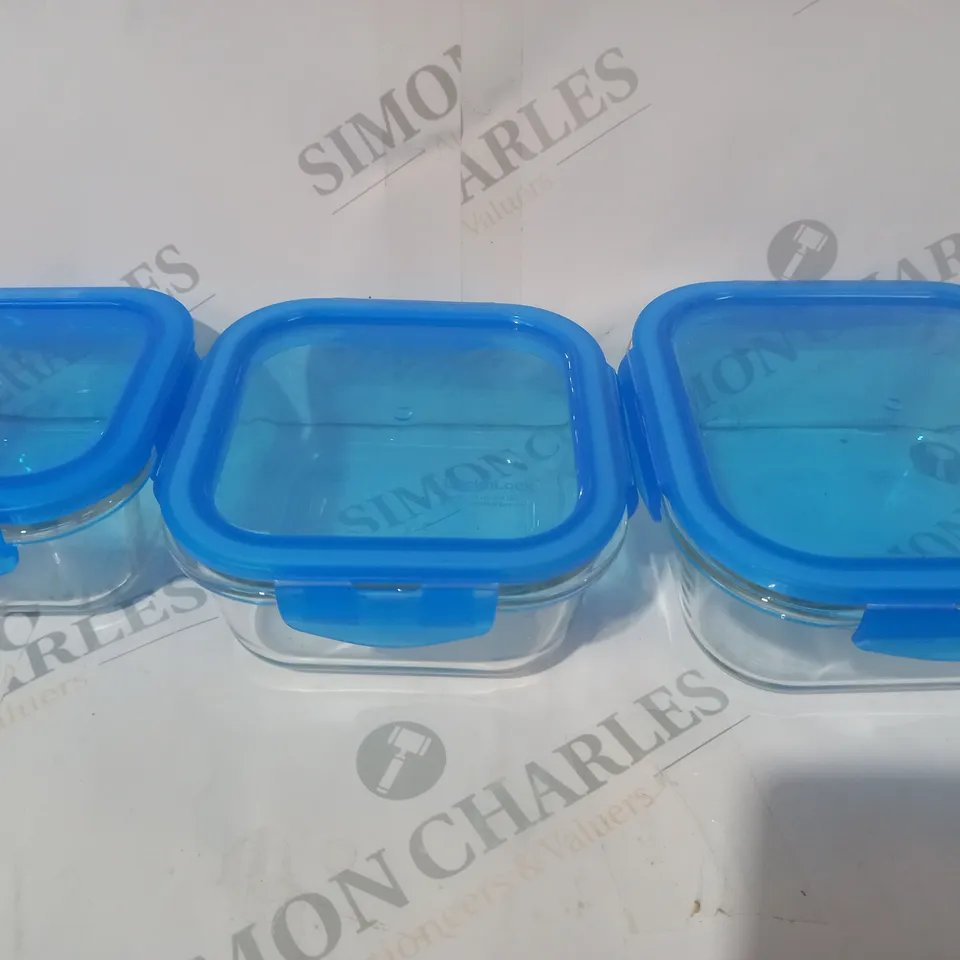 BOXED SET OF 3 LOCK N LOCK GLASS FOOD STORAGE CONTAINERS W. PLASTIC LIDS IN BLUE