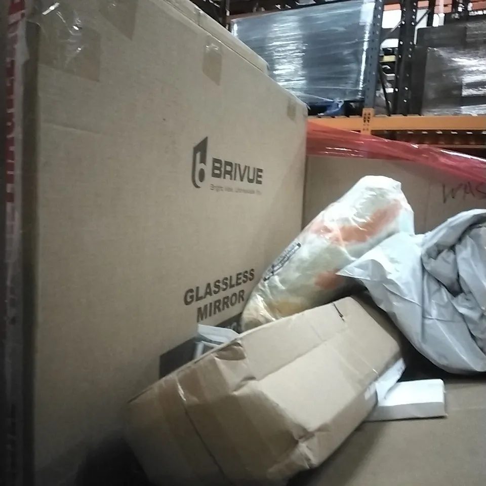 PALLET OF ASSORTED ITEMS INCLUDING; ROLLER BLIND, GLASS MIRROR 