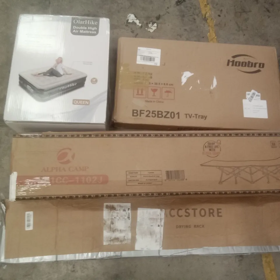 PALLET OF ASSORTED ITEMS INCLUDING OLARHIKE DOUBLE HIGH AIR MATTRESS, ALPHA CAMP FOLDOUT BED, ACCSTORE DRYING RACK, HOOBRO TV TRAY, RETRACTABLE SAFETY GATE 