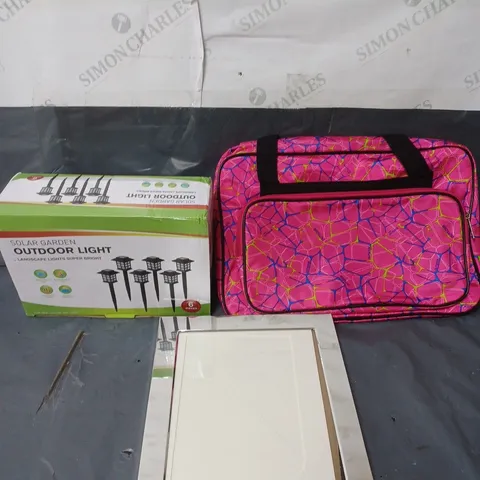 APPROXIMATELY 20 ASSORTED HOUSEHOLD ITEMS TO INCLUDE OUTDOOR DOLLAR LIGHTS, PICTURE FRAME AND BAGS