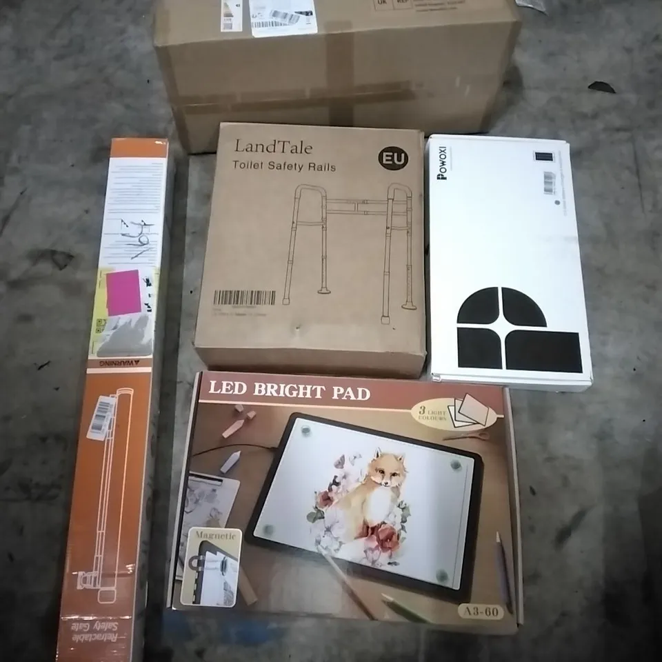 PALLET OF HOUSEHOLD ITEMS TO INCLUDE TOILET SAFETY RAILS, LED DIMMABLE CEILING, RETRACTABLE SAFETY GATE, 12V SOLAR BATTERY CHARGER AND OTHER ASSORTED ITEMS...