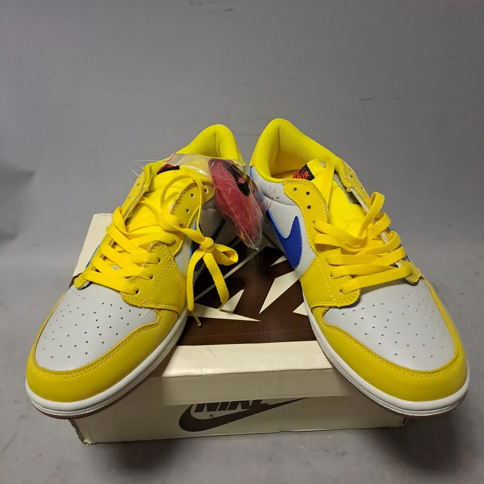 BOXED PAIR OF NIKE TRAVIS SCOTT AIR JORDAN 1 LOW OG SNEAKERS IN CANARY SIZE 11