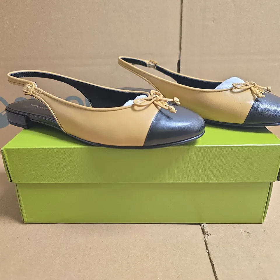 BOXED PAIR OF TORY BURCH CAP-TOE SLINGBACK BALLET SHOES IN GINGER SHORTBREAD SIZE US 6.5