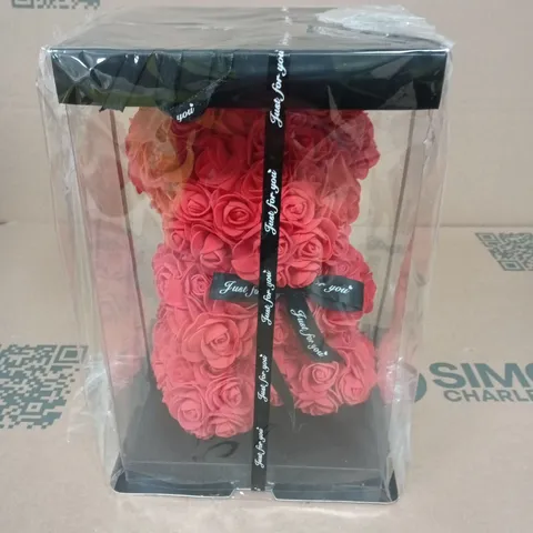 PINK ARTIFICIAL ROSE BEAR BOUQUET IN CLEAR DISPLAY BOX