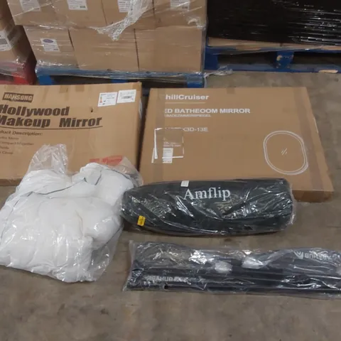 PALLET OF ASSORTED ITEMS INCLUDING: LED BATHROOM MIRROR, HOLLYWOOD MAKEUP MIRROR, CAMPING TENT, BEDDING ORES ECT