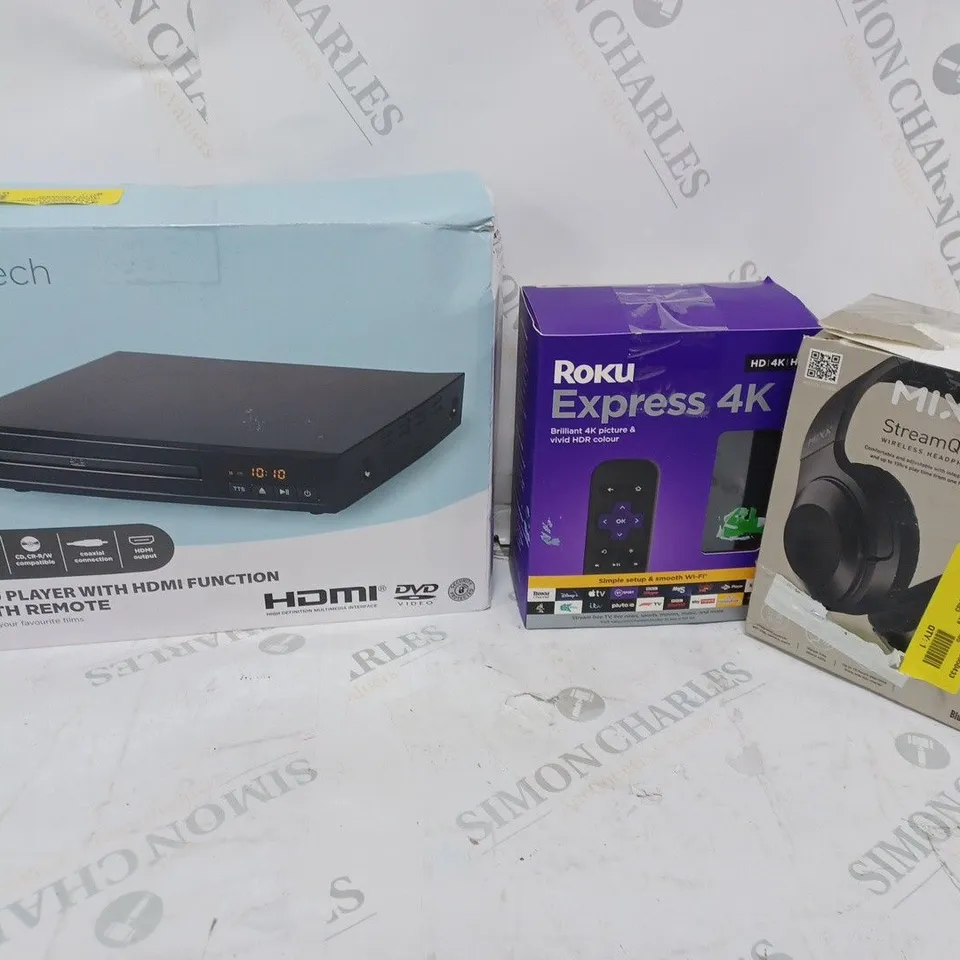 APPROXIMATELY 50 ASSORTED ELECTRICAL ITEMS TO INCLUDE DVD PLAYER, ROKU EXPRESS 4K, MIXX STREAMQ C1 HEADPHONES, ETC - COLLECTION ONLY