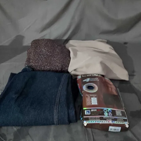 BOX OF APPROXIMATELY 20 ASSORTED CLOTHING ITEMS TO INCLUDE JEANS, BOXER BRIEFS, TROUSERS WITH BELT, TURTLE NECK JUMPER ETC 