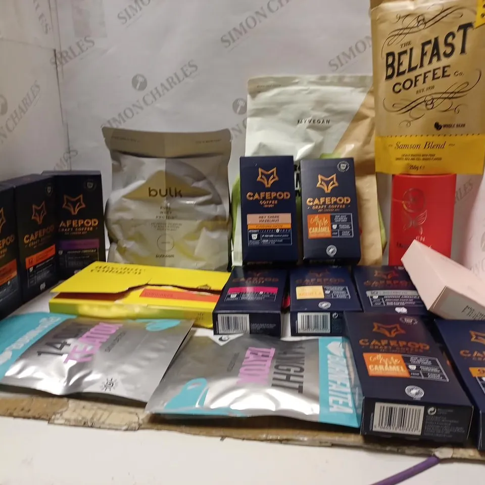LOT OF APPROXMATELY 20 ITEMS TO INCLUDE MYVEGAN PROTEIN PANCAKE MIX MAPLE SYRUP (1kg), JACEEN ENERGISE (250g), THE BELFAST COFFEE SAMSON BLEND (250g), ETC