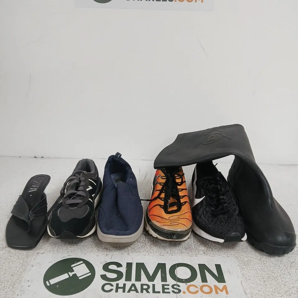 BOX OF APPROXIMATELY 10 ASSORTED SINGLE SHOES INCLUDING A DUNLOP WELLY, A NIKE ZOOM PEGASUS 36 AND A NIKE TN