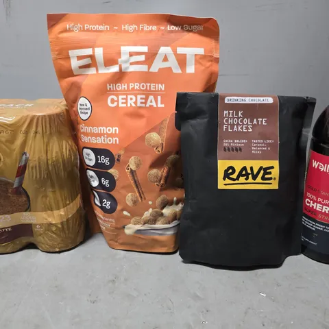 APPROXIMATELY 10 ASSORTED FOOD & DRINK ITEMS TO INCLUDE - WELLGARD CHERRY AID , RAVE MILK CHOCOLATE FLAKES , SLIMFAST CAFE LATTE ETC