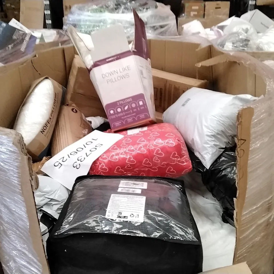 PALLET TO CONTAIN A LARGE QUANTITY OF BEDROOM AND SITTING SUPPORT PRODUCTS TO INCLUDE; CUSHIONS, PILLOWS FITTED SHEETS ETC