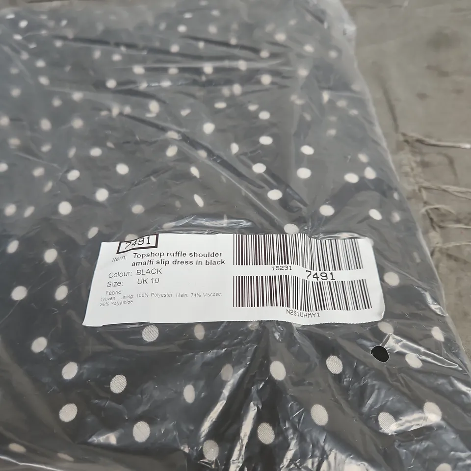 TOPSHOP RUFFLE SHOULDER AMALFI SLIP DRESS BLACK UK 10 BAGGED