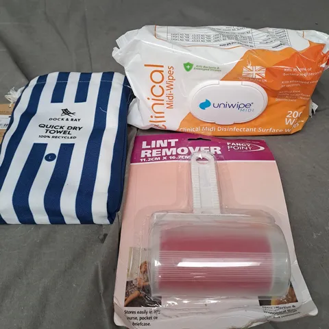 APPROXIMATELY 15 ASSORTED HOUSEHOLD PRODUCTS TO INCLUDE DOCK & BAY TOWEL, LINT ROLLER AND CLEANING WIPES