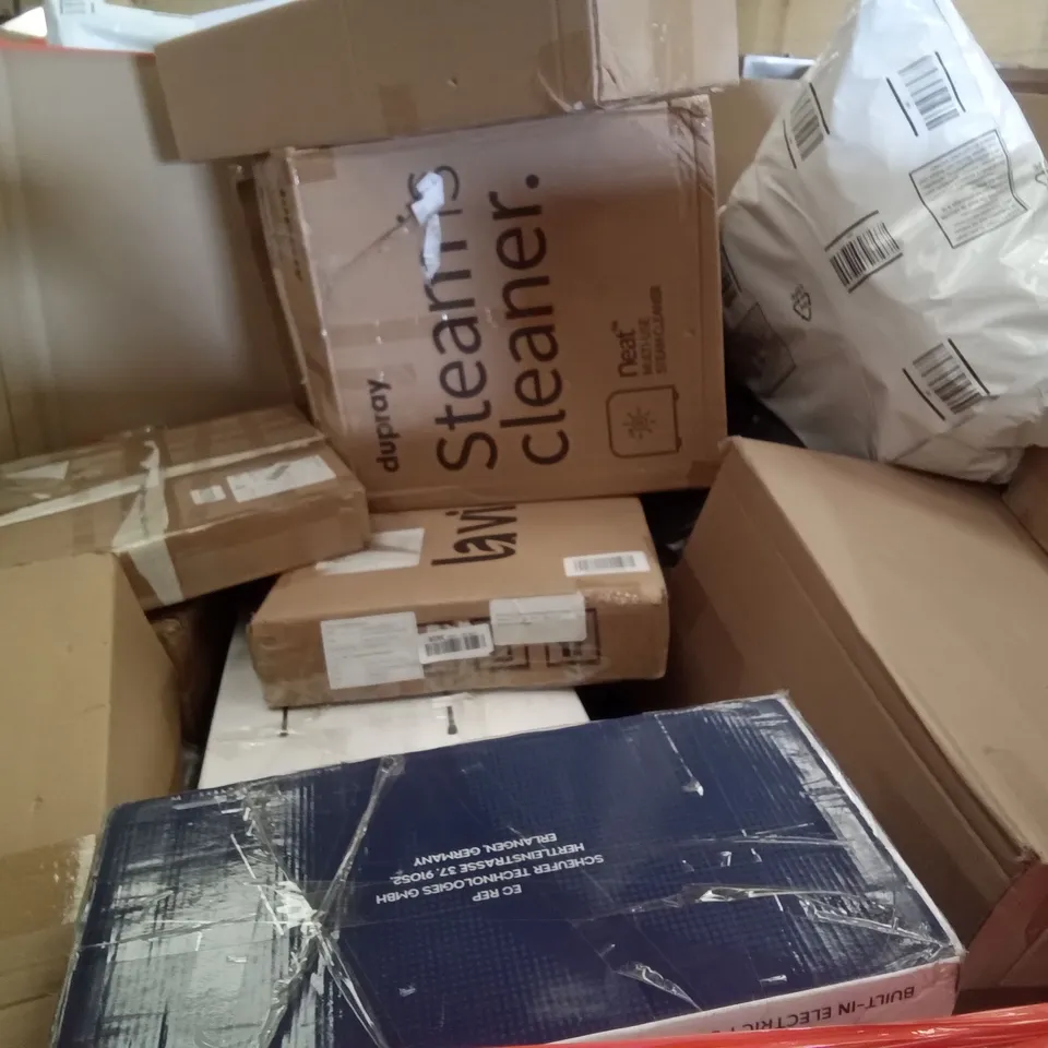 PALLET OF ASSORTED ITEMS INCLUDING DUPRAY STEAM CLEANER, GETFIT PREMIUM KING AIR BED, KITCHEN FAUCET, METAL CLOTHES RAIL, JUDGE NON-STICK PIZZA MAKER, PAINTING BY NUMBERS 