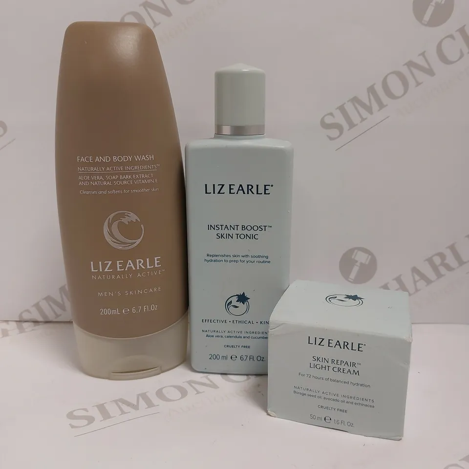 LOT OF 3 ASSORTED LIZ EARLE PRODUCTS TO INCLUDE SKIN REPAIR LIGHT CREAM 50ML, INSTANT BOOST SKIN TONIC 200ML, FACE & BODY WASH 200ML, ETC