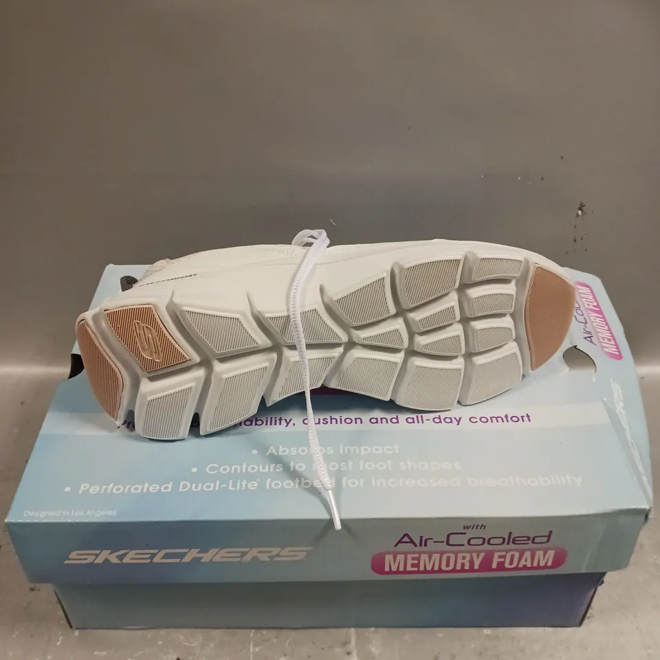 BOXED PAIR OF SKECHERS MEMORY FOAM WHITE TRAINERS - 6