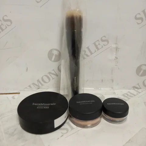 LOT OF 4 ASSORTED BAREMINERALS PRODUCTS TO INCLUDE BAREPRO POWDER FOUNDATION - IVORY 02, MULTI-TASKING CONCEALER - BISQUE, EYE COLOUR - NUDE BEACH, SMOOTHING FACE BRUSH